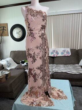 Sequined Peach floor length Dress NWT  size Large